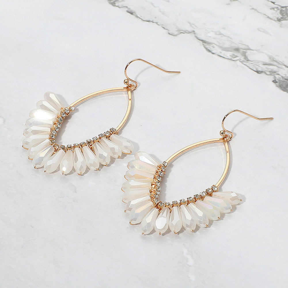 White Faceted Beaded Open Marquise Fan Dangle Earrings on as white background