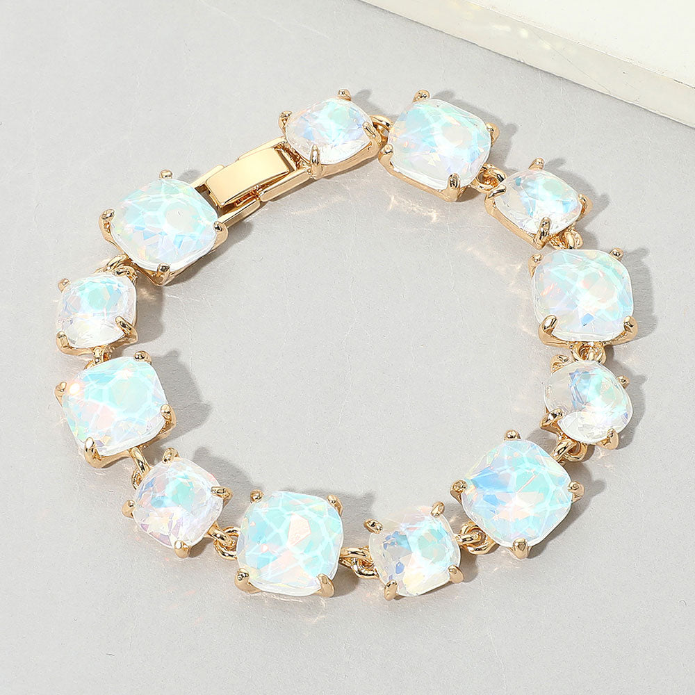 White Opal Cushion Square Stone Link Evening on Gold-Pageant-Prom-Special Occasion