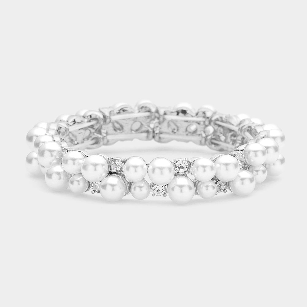 White Pearl & Crystal Cluster Stretch Bridal Evening Bracelet on Silver |  389449