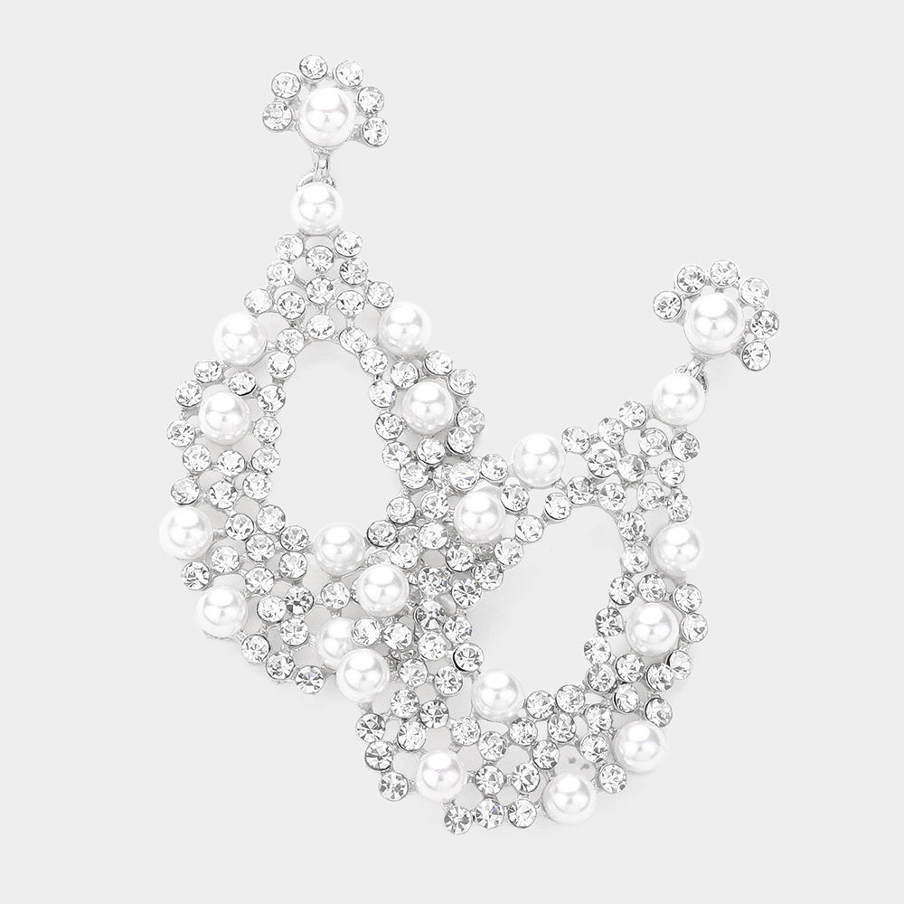 White pearl rhinestone open teardrop bridal and formal earrings on silver on white background