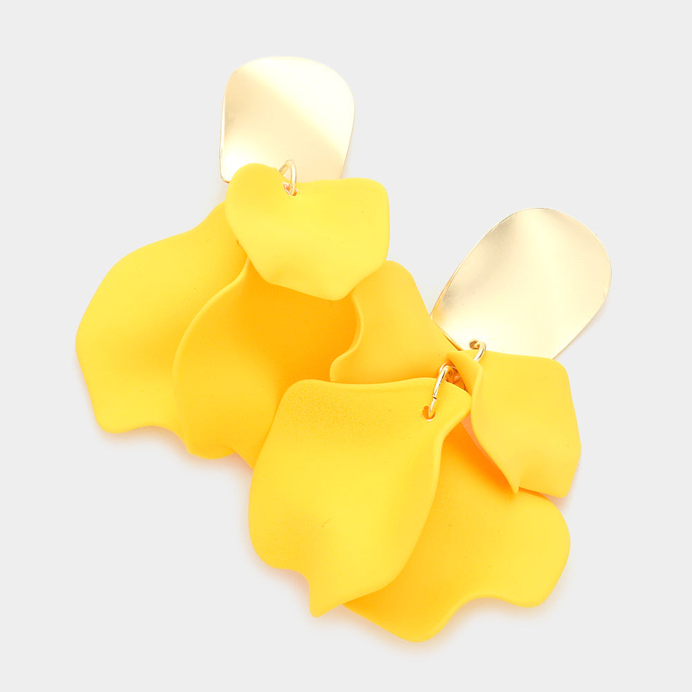 Yellow layered petal cluster statement drop fun fashion earrings on gold on a white background