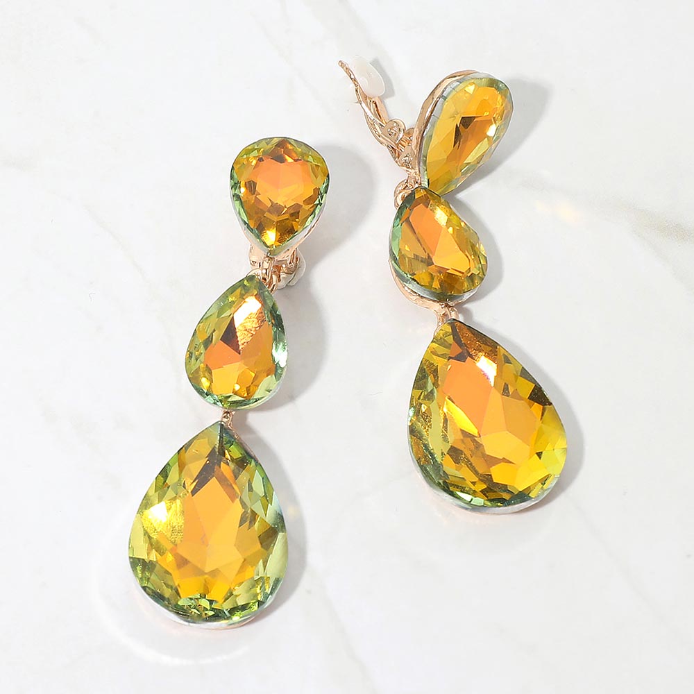 Yellow AB Crystal Triple Teardrop Clip-on Pageant Earrings on Gold  | Yellow Earrings | 693333