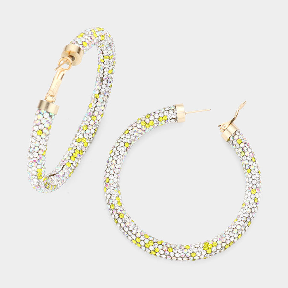 Yellow Rhinestone Hoop Earrings gold clasps 2.5" on white background
