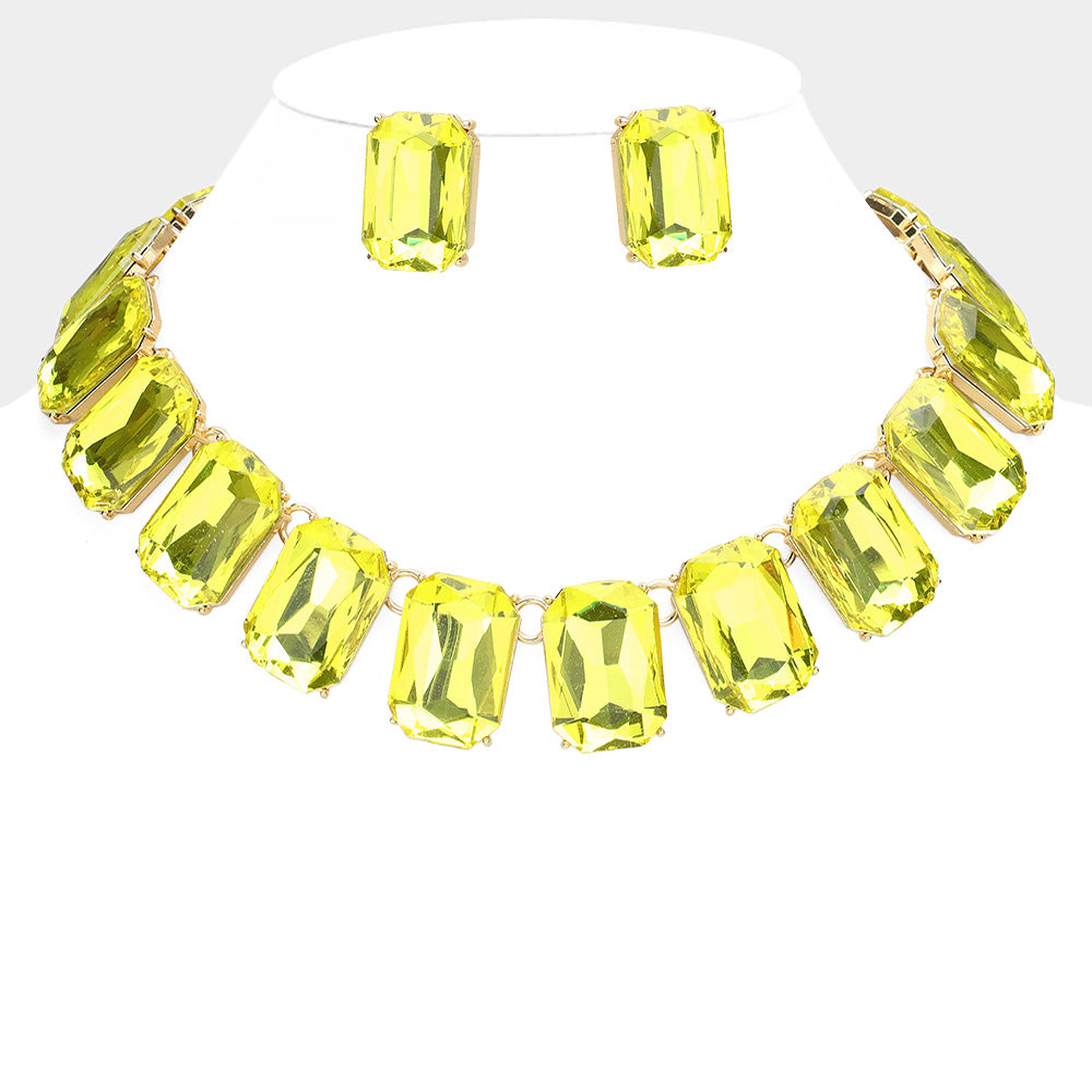 Yellow Crystal Emerald Cut Stone Link Statement Necklace Homecoming Jewelry on Gold | 633022