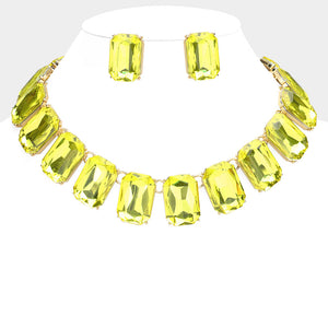 Yellow Crystal Emerald Cut Stone Link Statement Necklace Homecoming Jewelry on Gold | 633022