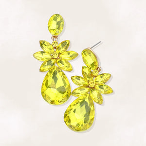 Yellow crystal flower teardrop earrings on gold displayed on white background