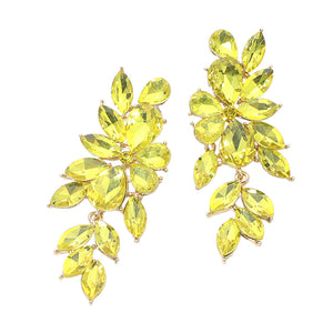 Yellow crystal marquise statement earrings on gold with a cascading arrangement of faceted marquise stones, displayed on a white background.