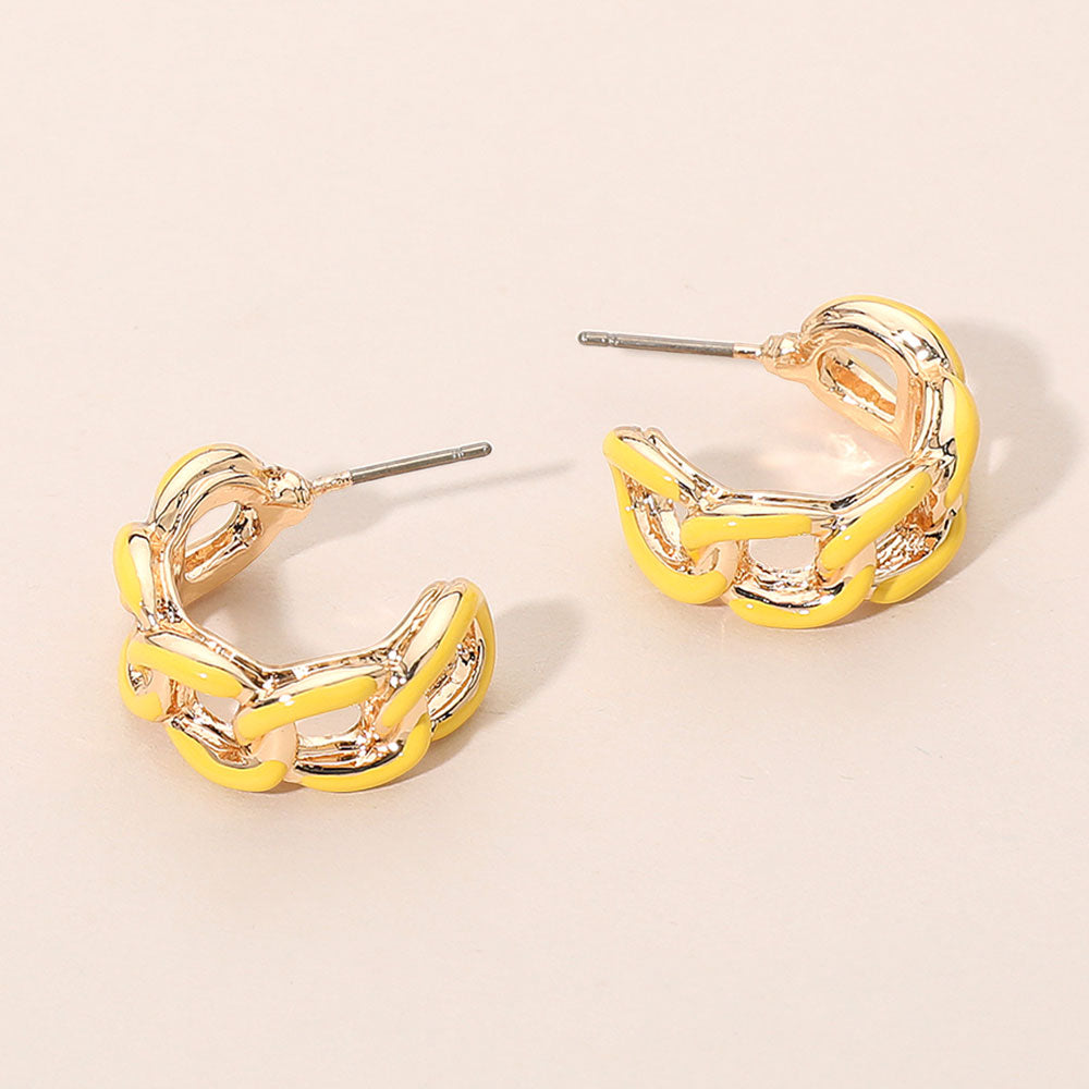 Yellow enamel chain hoop earrings with mini linked half-hoop design and post-back closure on a beige background.