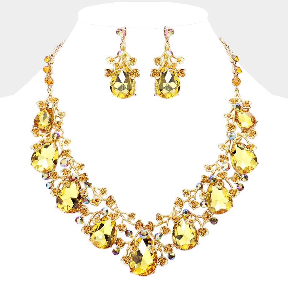 Yellow Teardrop Rhinestone Floral Necklace Set on Gold– Crystal Prom Evening Jewelry |  479365