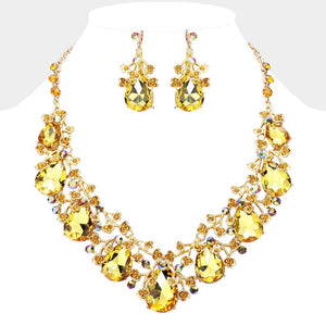 Yellow Teardrop Rhinestone Floral Necklace Set on Gold– Crystal Prom Evening Jewelry |  479365