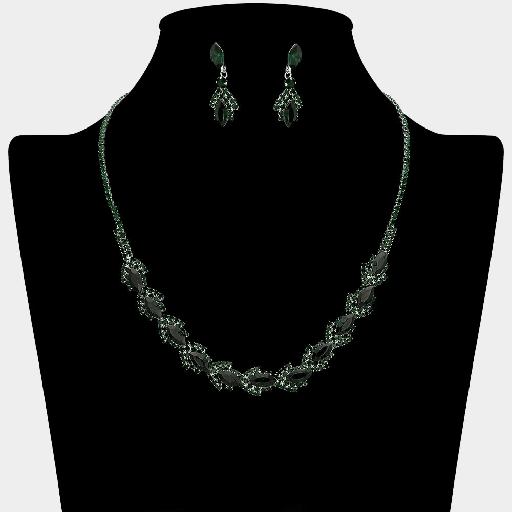 Emerald Green marquise crystal necklace set on silver-tone settings, with a slim line of small crystals leading to leaf-shaped marquise stones edged in tiny crystals and matching drop earrings. The necklace measures 16 inches plus a 4-inch extender, with 0.4-inch decor; earrings are 0.9 inches long. Displayed on a black necklace bust against a light gray background.