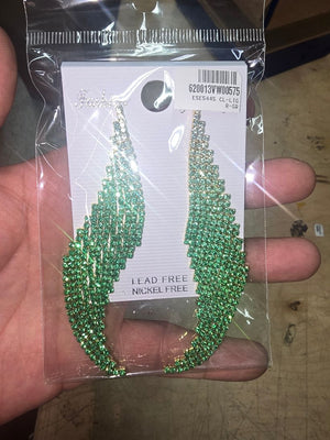 Green Rhinestone Ombre Abstract Paved Pageant Earrings | Prom Earrings