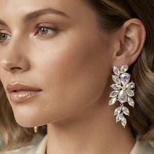 Model wearing AB - Aurora Borealis - marquise crystal statement earrings on gold with a cascading arrangement of faceted marquise stones.