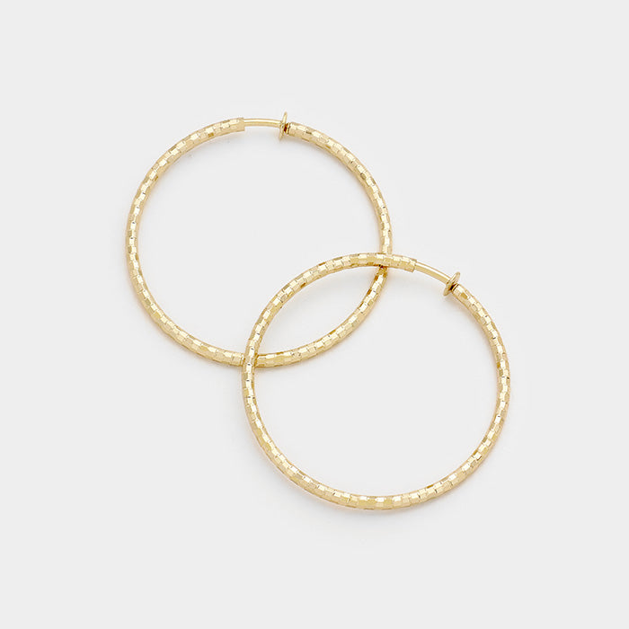 Elegant Hypoallergenic Textured Gold Metal Clip Hoop Earrings at 1.75"