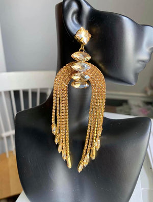 Elegant Gold Rhinestone Chandelier Pageant Earrings | Prom Earrings | LMB - 002