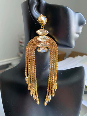 Elegant Gold Rhinestone Chandelier Pageant Earrings | Prom Earrings | LMB - 002