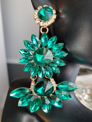Emerald Crystal Starburst Statement Pageant Earrings