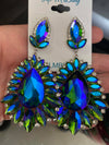 Blue/Green Crystal and AB Stone Drop Statement Earrings | Prom Earrings