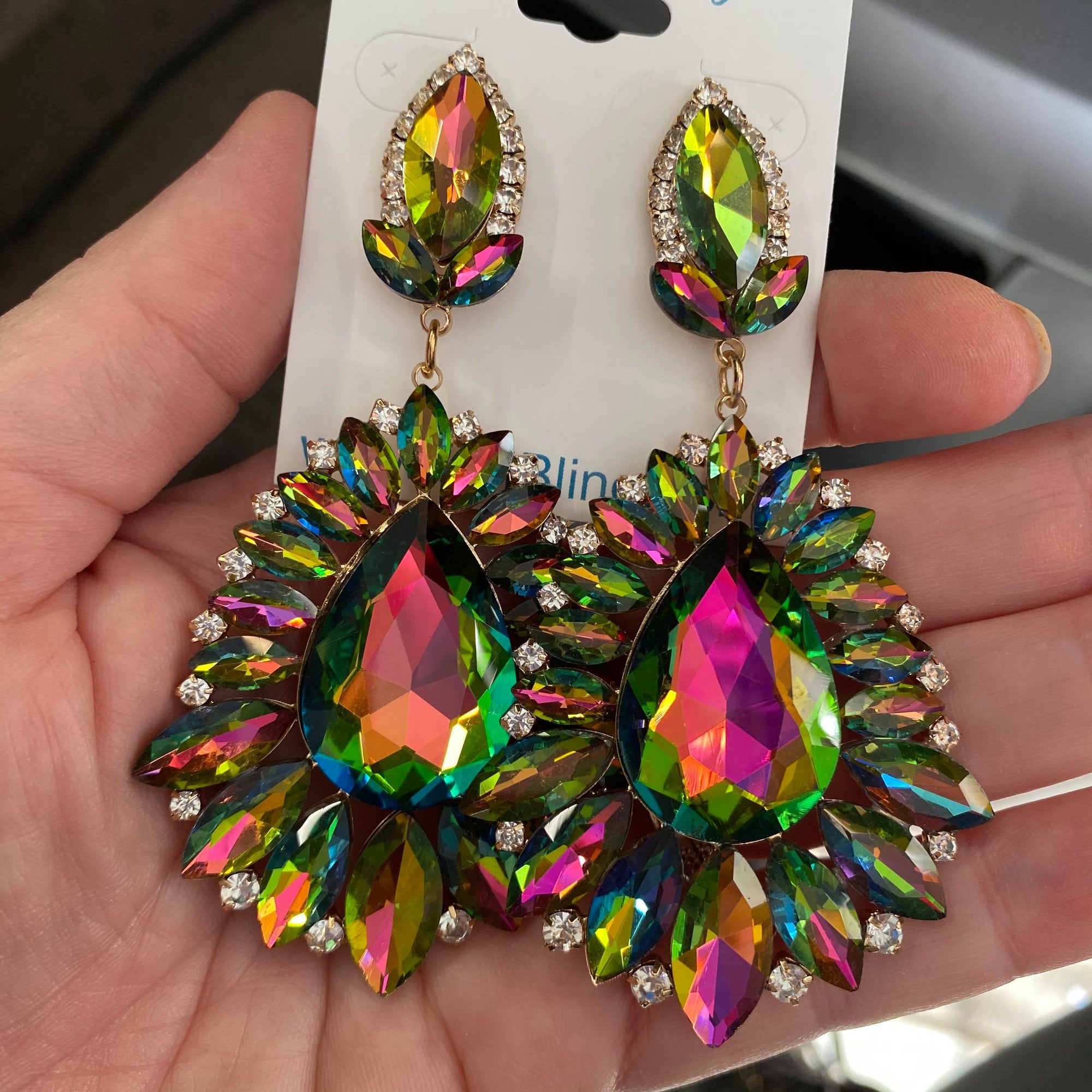 Multi-Color Crystal Drop Statement Earrings on Gold | Prom Earrings