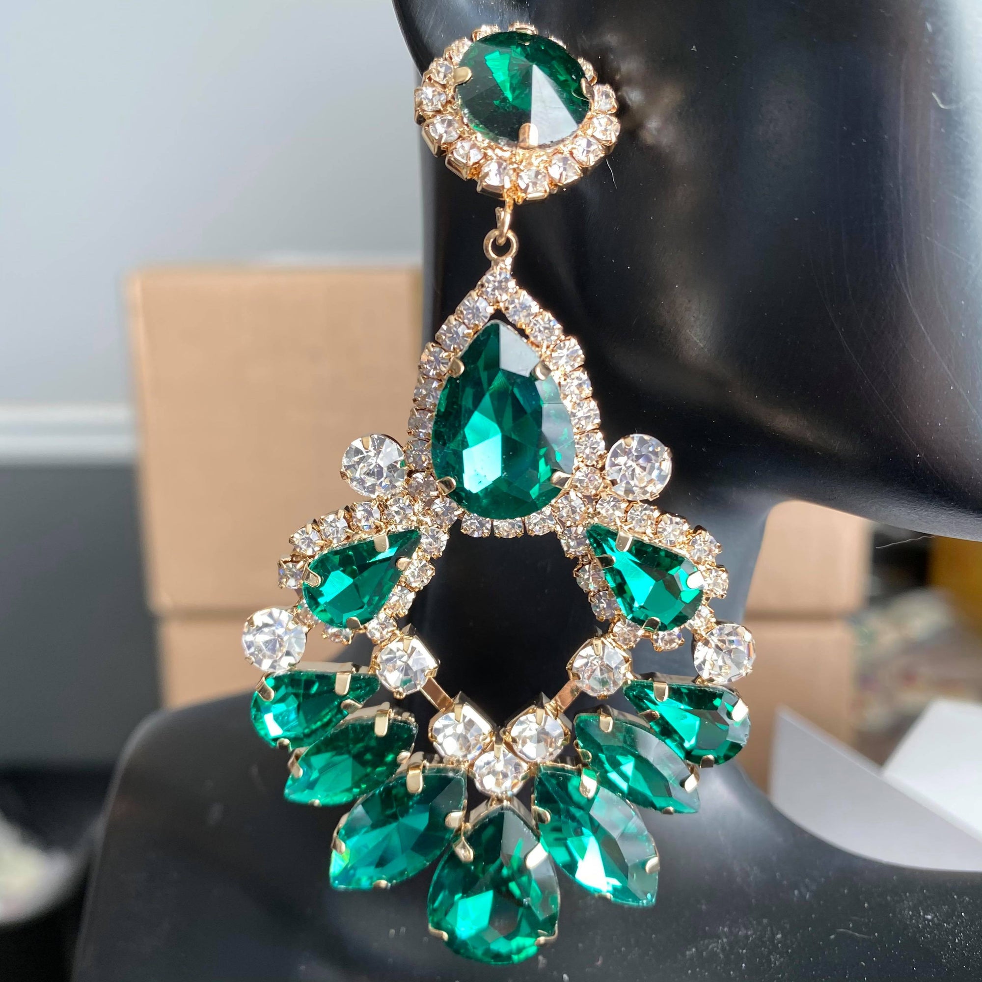 Large Emerald Crystal Teardrop Chandelier Earrings
