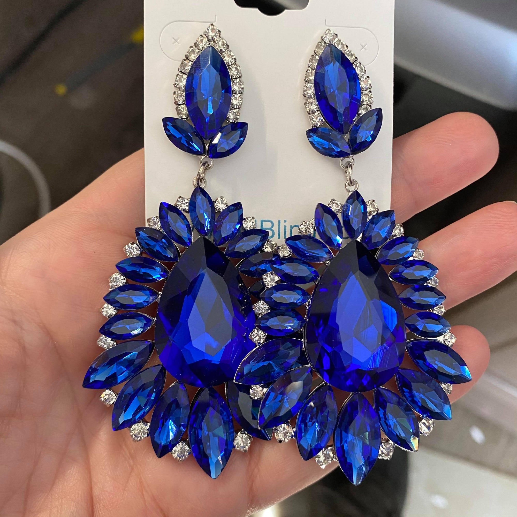 Sapphire Crystal Drop Statement Earrings on Silver | Prom Earrings | 491866