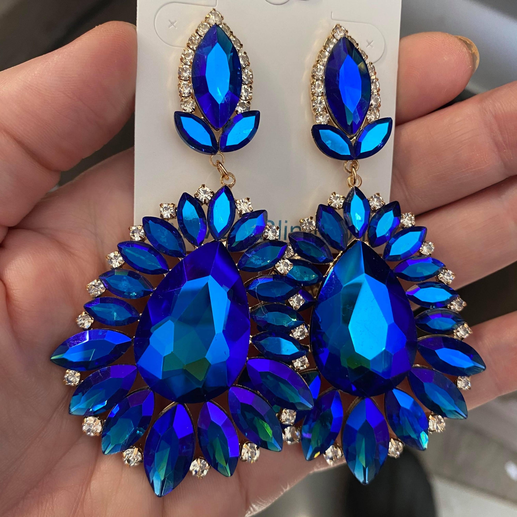 Sapphire Crystal Drop Statement Earrings on Gold | Prom Earrings