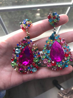 Multi Colored Large Earrings on Silver | Chunky Pageant Earrings | 202-7-multi-s