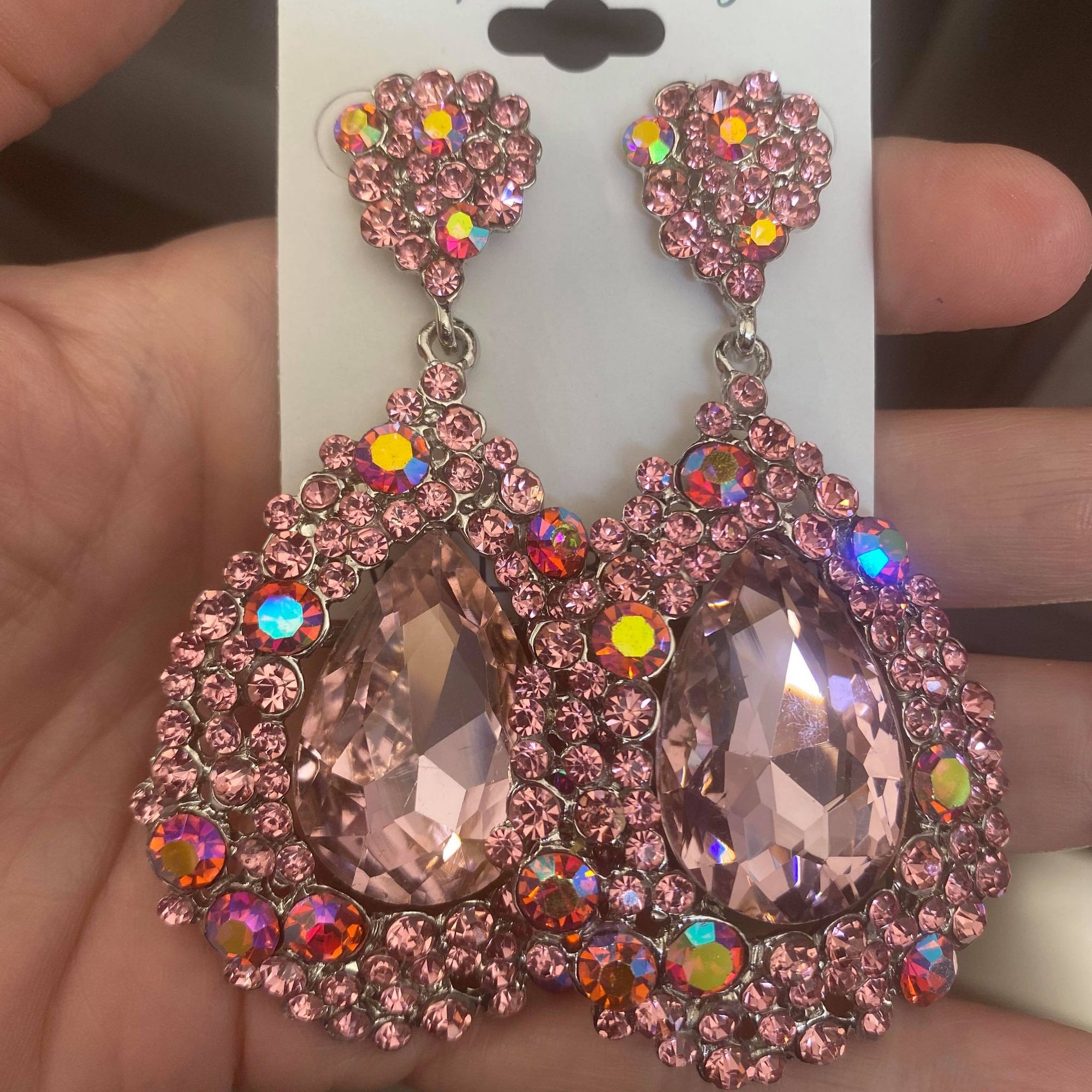 Large Light Pink Crystal Earrings on Silver | Pageant Chunky Earrings