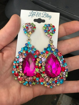 Multi Colored Large Earrings on Silver | Chunky Pageant Earrings | 202-7-multi-s