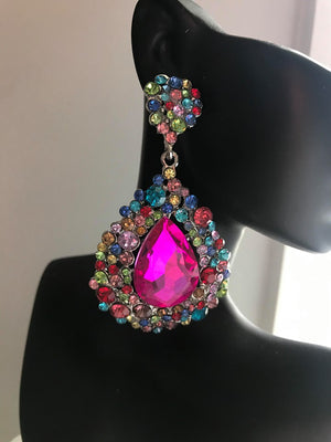 Multi Colored Large Earrings on Silver | Chunky Pageant Earrings | 202-7-multi-s