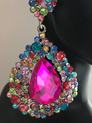 Multi Colored Large Earrings on Silver | Chunky Pageant Earrings | 202-7-multi-s