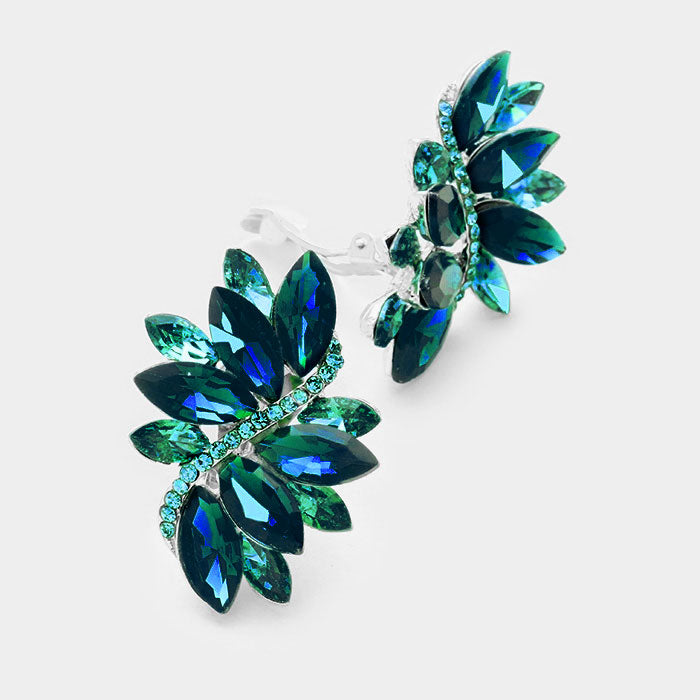Aqua and Blue Zircon | Peacock | Crystal Rhinestone Earrings | Clip On