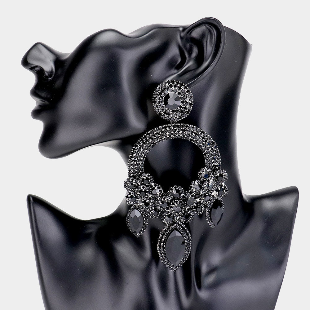 Large Long Elegant Black Chandelier Pageant Prom Earrings | 364524