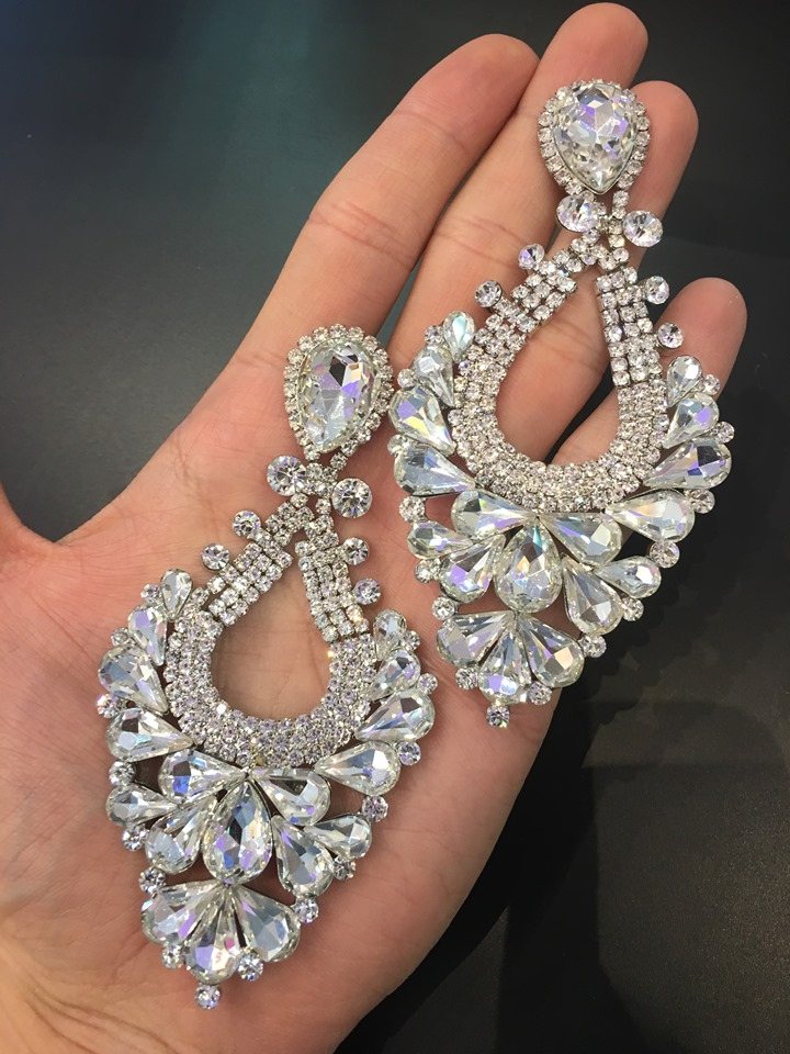 Large AB Crystal Statement Pageant Earrings on Silver