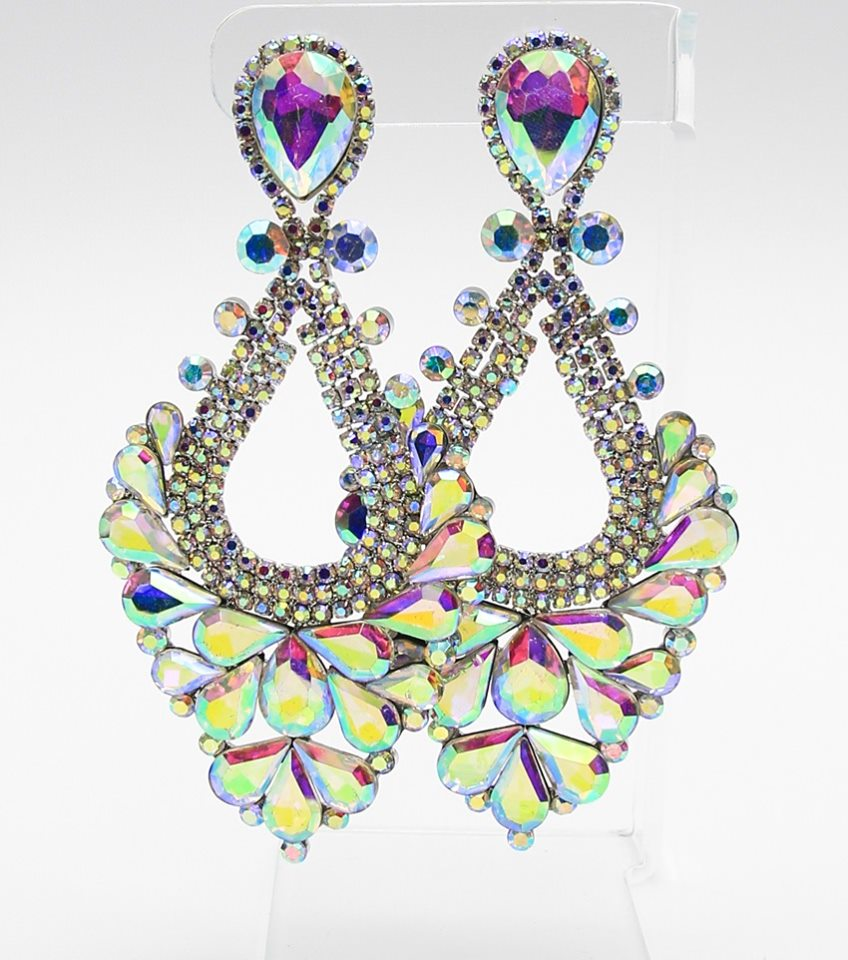 Large AB Crystal Statement Pageant Earrings on Silver