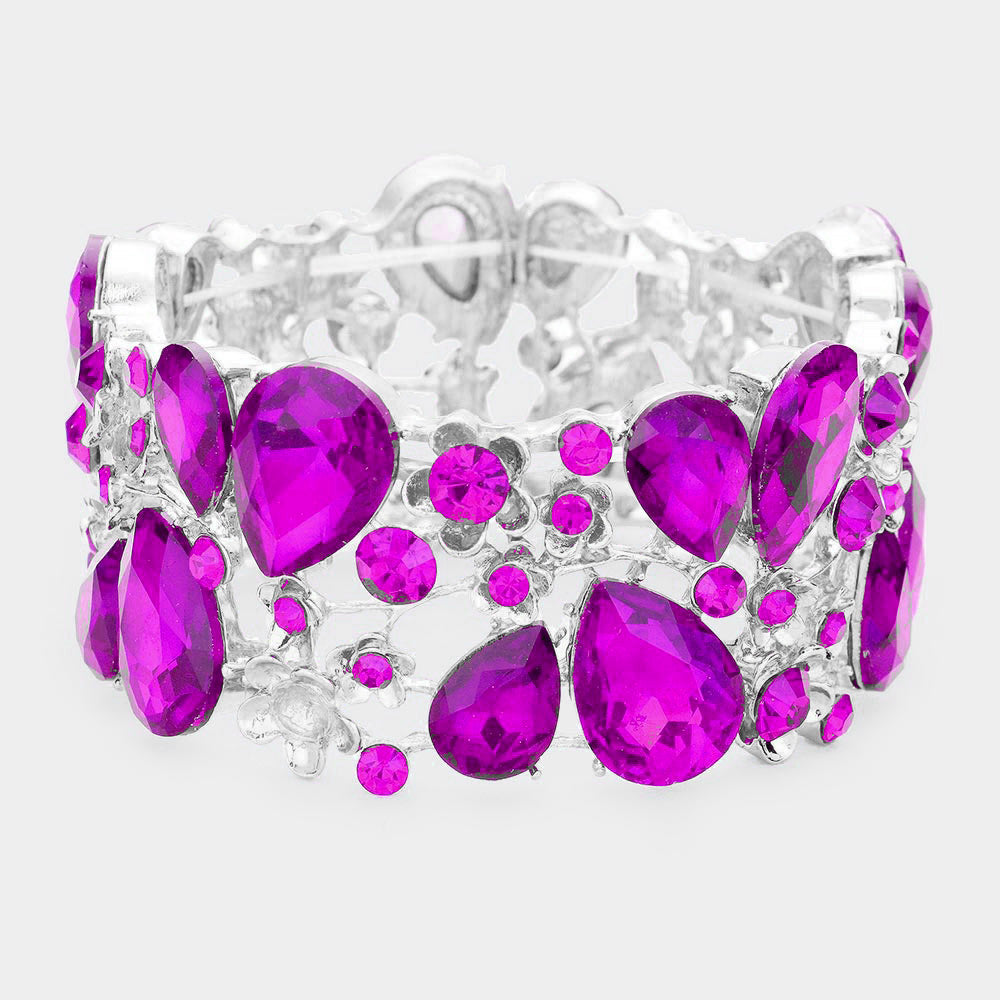Purple Crystal Teardrop Floral Stretch Bracelet