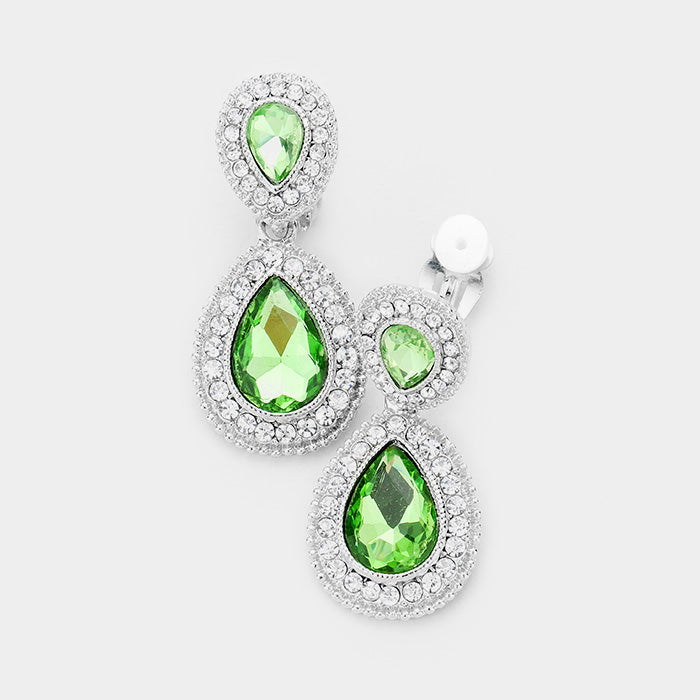 Little Girls Peridot Double Crystal Teardrop Clip On Earrings | 398734