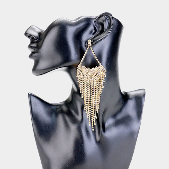Large Gold Rhinestone Statement Pageant Fringe Earrings | 407531