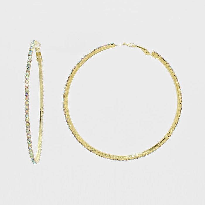 AB Rhinestone Hoop Earrings on Gold | 2.5" | 269221