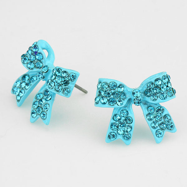 Aqua Crystal Rhinestone Bow Stud Earrings | 198061