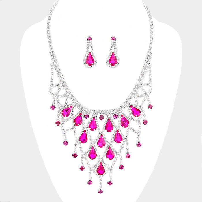 Fuchsia Crystal Rhinestone Teardrop Bib Necklace | 420987