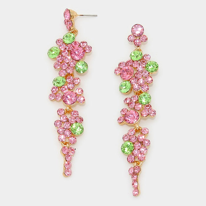 Pink and Green Crystal Long Dangle Earrings | 294875