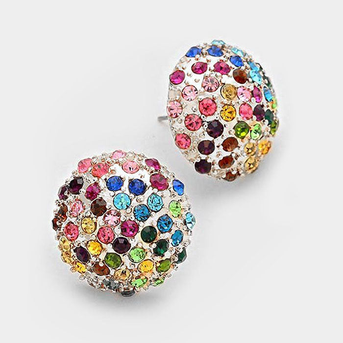 Multi Colored on Silver Crystal Dome Stud Earrings | 158460