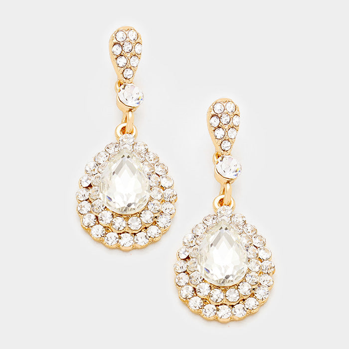 Little Girls Crystal Rhinestone and Teardrop Earrings on Gold | 354319