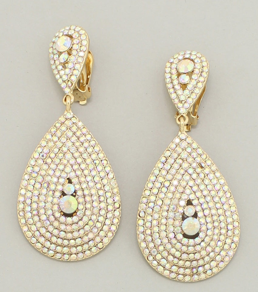Pageant Earrings | Large AB Crystal Drop Earrings on Gold | Clip On | 490236