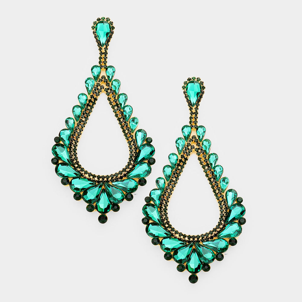 Oversized Cut Out Emerald Crystal Teardrop Earrings | 428396