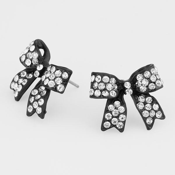 Black and Crystal Rhinestone Bow Stud Earrings | 153392
