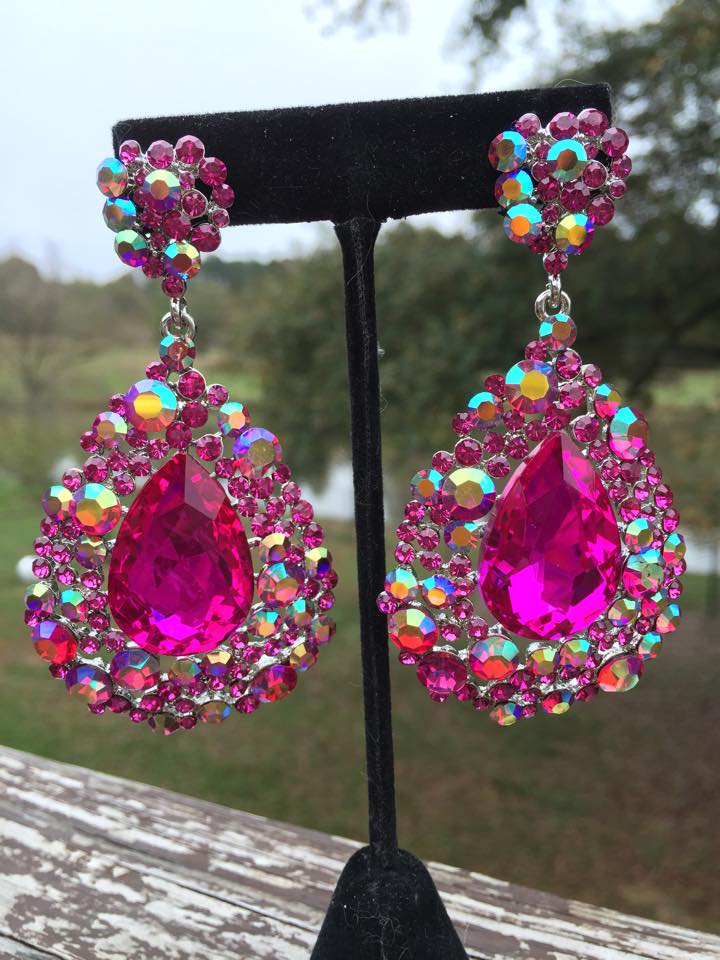 Hot Pink Statement Earrings and Rhinestones.