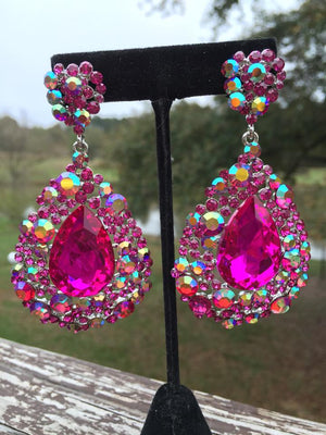 Chunky Hot Pink Fuchsia Teardrop Statement Earrings Large Prom & Pageant Style | L&M Bling - lmbling Chunky Hot Pink Fuchsia Teardrop Statement Earrings Large Prom & Pageant Style | L&M Bling - lmbling