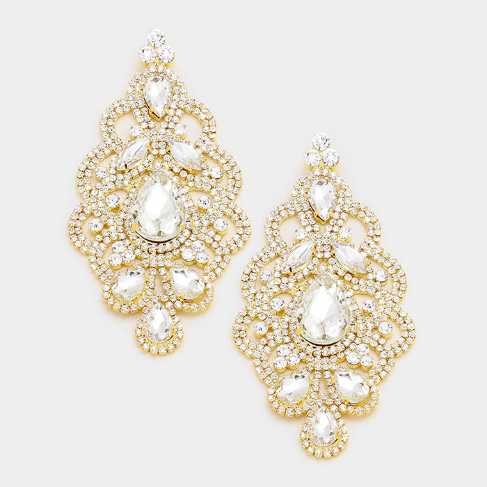 Large Crystal and Rhinestone Chandelier Earrings on Gold | 354113